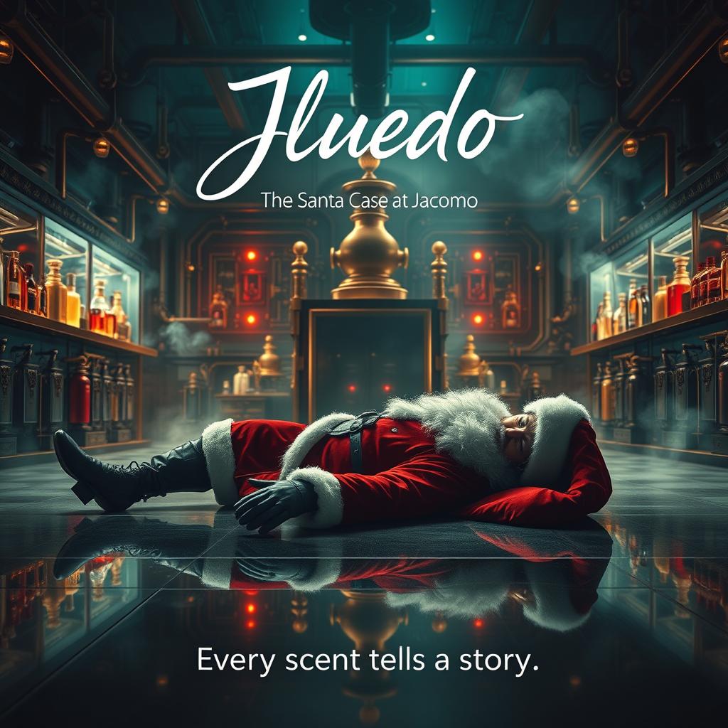 A captivating mystery cinematic film poster for 'Cluedo: The Santa Case at Jacomo', depicting a luxurious perfume factory as the backdrop