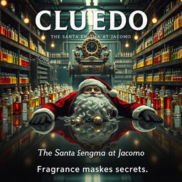 A mesmerizing mystery cinematic film poster for 'Cluedo: The Santa Enigma at Jacomo', set in an exquisite perfume factory named Jacomo
