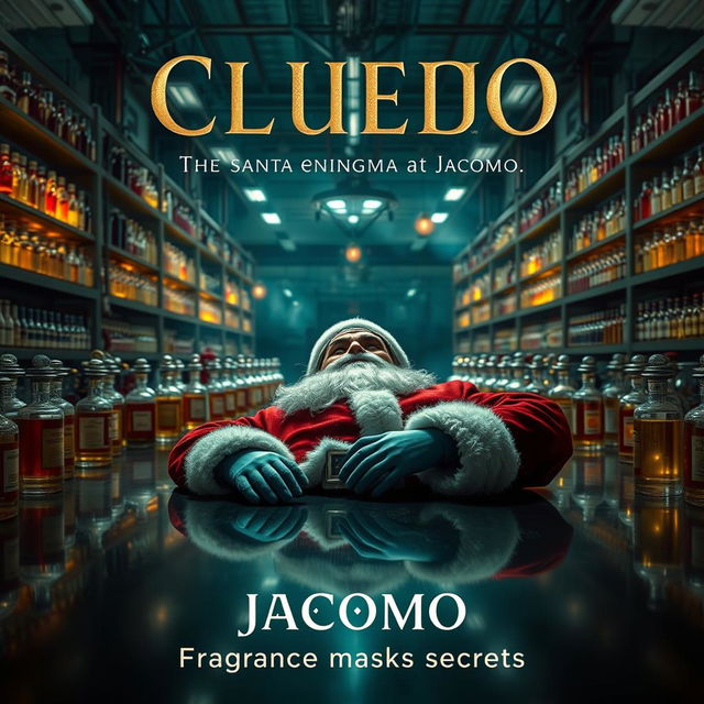 A mesmerizing mystery cinematic film poster for 'Cluedo: The Santa Enigma at Jacomo', set in an exquisite perfume factory named Jacomo