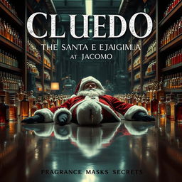A mesmerizing mystery cinematic film poster for 'Cluedo: The Santa Enigma at Jacomo', set in an exquisite perfume factory named Jacomo