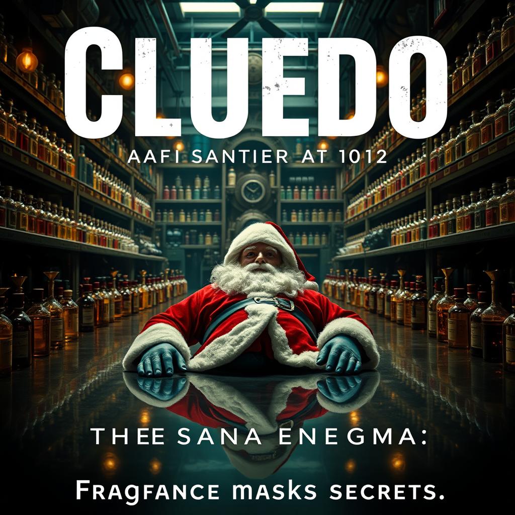 A mesmerizing mystery cinematic film poster for 'Cluedo: The Santa Enigma at Jacomo', set in an exquisite perfume factory named Jacomo