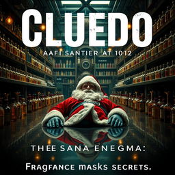 A mesmerizing mystery cinematic film poster for 'Cluedo: The Santa Enigma at Jacomo', set in an exquisite perfume factory named Jacomo