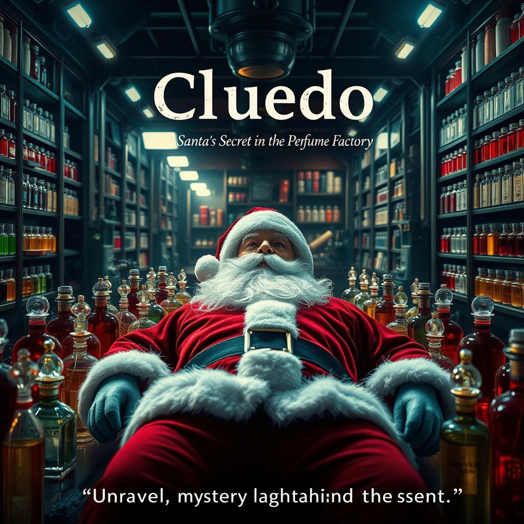 An intriguing mystery cinematic film poster for 'Cluedo: Santa's Secret in the Perfume Factory', showcasing a captivating scene within a lavish perfume factory