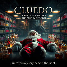 An intriguing mystery cinematic film poster for 'Cluedo: Santa's Secret in the Perfume Factory', showcasing a captivating scene within a lavish perfume factory