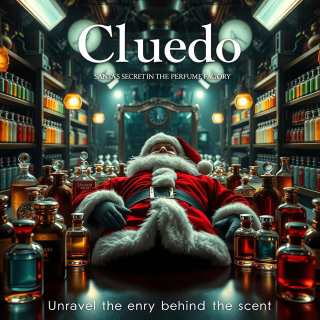 An intriguing mystery cinematic film poster for 'Cluedo: Santa's Secret in the Perfume Factory', showcasing a captivating scene within a lavish perfume factory