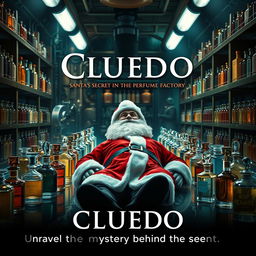 An intriguing mystery cinematic film poster for 'Cluedo: Santa's Secret in the Perfume Factory', showcasing a captivating scene within a lavish perfume factory
