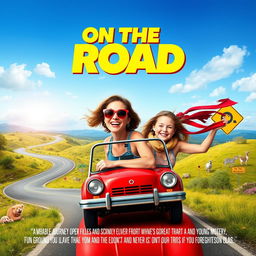 A vibrant movie poster for a comedy film titled "On the Road", featuring a mother and daughter duo embarking on a journey filled with misadventures and dangers