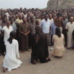 People from all walks of life kneeling and worshiping a one-eyed figure.