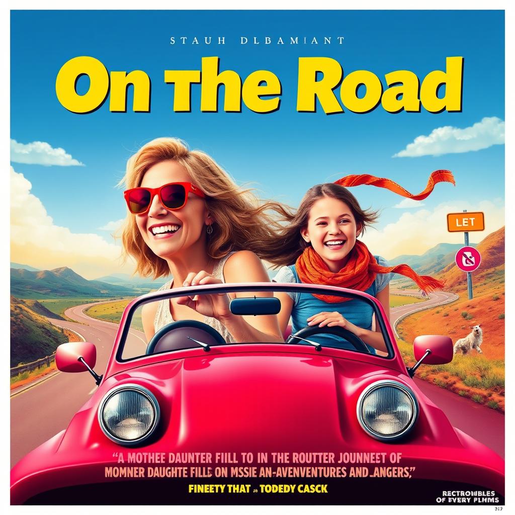 A vibrant movie poster for a comedy film titled "On the Road", featuring a mother and daughter duo embarking on a journey filled with misadventures and dangers