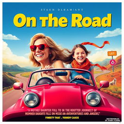 A vibrant movie poster for a comedy film titled "On the Road", featuring a mother and daughter duo embarking on a journey filled with misadventures and dangers