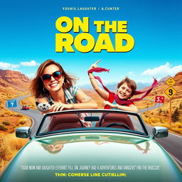 A vibrant movie poster for a comedy film titled "On the Road", featuring a mother and daughter duo embarking on a journey filled with misadventures and dangers