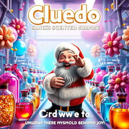 A vibrant and whimsical cinematic film poster for 'Cluedo: Santa's Scented Surprise', set in a colorful perfume factory
