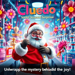 A vibrant and whimsical cinematic film poster for 'Cluedo: Santa's Scented Surprise', set in a colorful perfume factory
