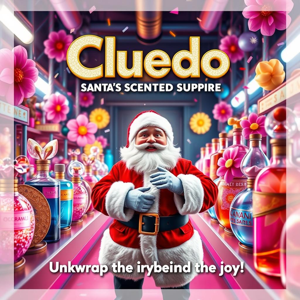 A vibrant and whimsical cinematic film poster for 'Cluedo: Santa's Scented Surprise', set in a colorful perfume factory