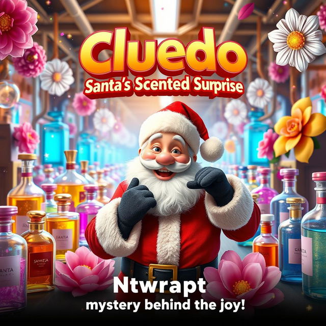 A vibrant and whimsical cinematic film poster for 'Cluedo: Santa's Scented Surprise', set in a colorful perfume factory