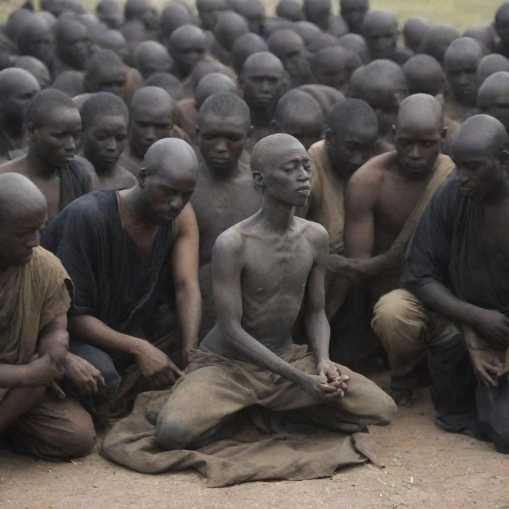 People from all walks of life kneeling and worshiping a one-eyed figure.