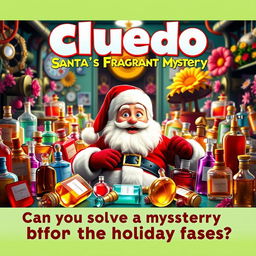 A playful and engaging film poster for 'Cluedo: Santa's Fragrant Mystery', featuring Santa Claus as the central character portrayed as the victim in a vibrant perfume factory