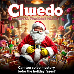 A playful and engaging film poster for 'Cluedo: Santa's Fragrant Mystery', featuring Santa Claus as the central character portrayed as the victim in a vibrant perfume factory
