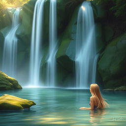 A serene and artistic depiction of a smooth, flowing waterfall cascading down lush green rocks in a tranquil forest setting, with soft sunlight filtering through the trees, casting a warm glow on the water
