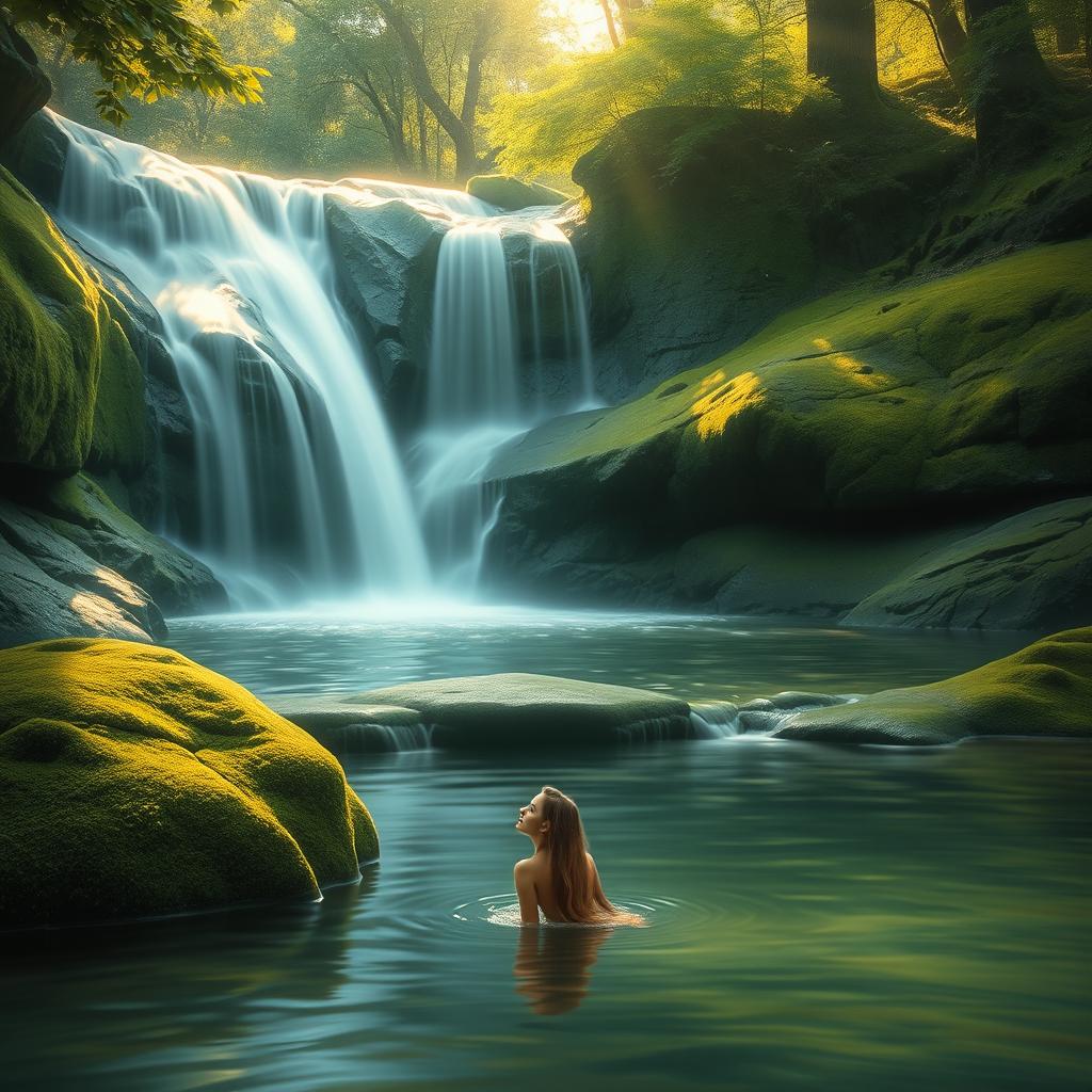 A serene and artistic depiction of a smooth, flowing waterfall cascading down lush green rocks in a tranquil forest setting, with soft sunlight filtering through the trees, casting a warm glow on the water