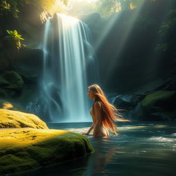A serene and artistic depiction of a smooth, flowing waterfall cascading down lush green rocks in a tranquil forest setting, with soft sunlight filtering through the trees, casting a warm glow on the water