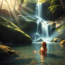 A serene and artistic depiction of a smooth, flowing waterfall cascading down lush green rocks in a tranquil forest setting, with soft sunlight filtering through the trees, casting a warm glow on the water