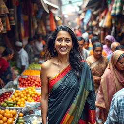 An American woman wearing a colorful saree, without a blouse, blending into a densely packed village market scene
