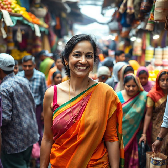 An American woman wearing a colorful saree, without a blouse, blending into a densely packed village market scene