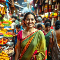 An American woman wearing a colorful saree, without a blouse, blending into a densely packed village market scene