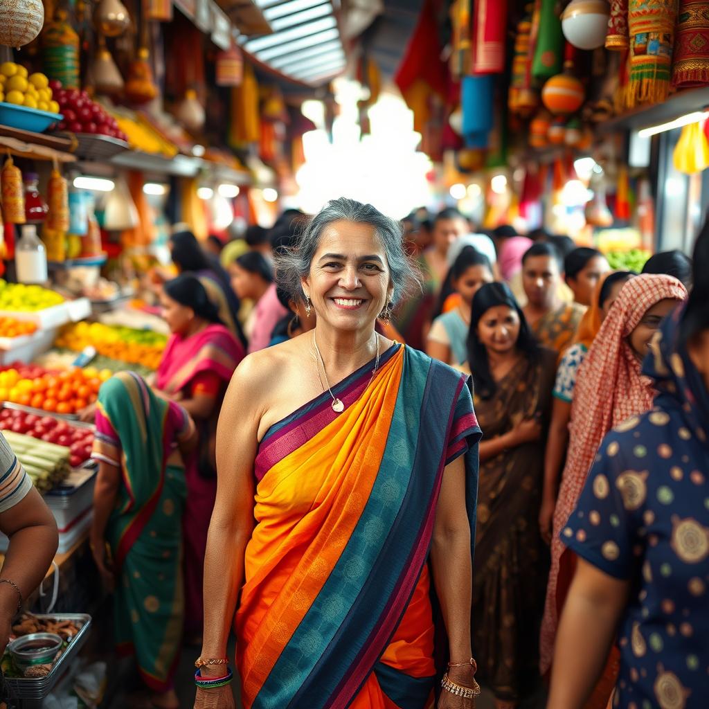 An American woman wearing a colorful saree, without a blouse, blending into a densely packed village market scene