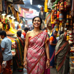 A white woman wearing a beautifully patterned saree, without a blouse, standing amidst a bustling village market filled with people