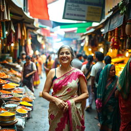 A white woman wearing a beautifully patterned saree, without a blouse, standing amidst a bustling village market filled with people