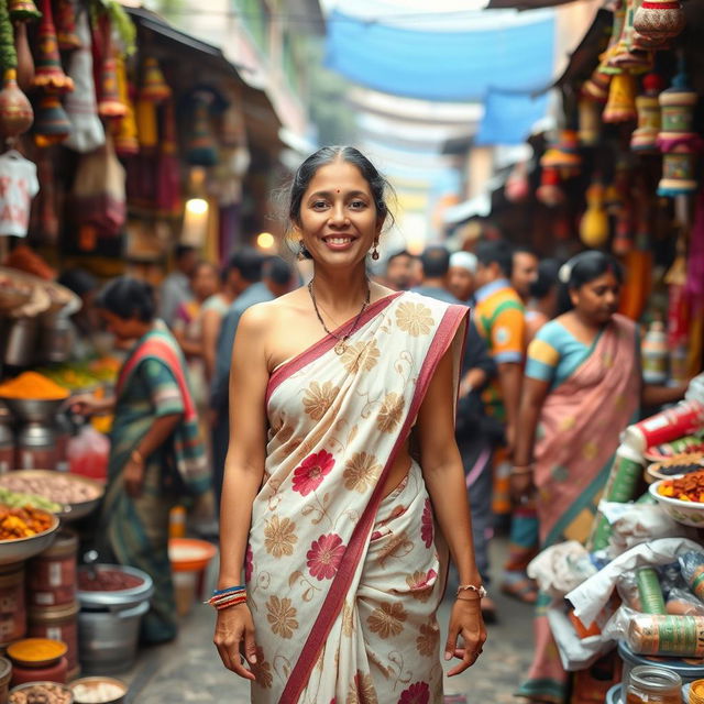 A white woman wearing a beautifully patterned saree, without a blouse, standing amidst a bustling village market filled with people