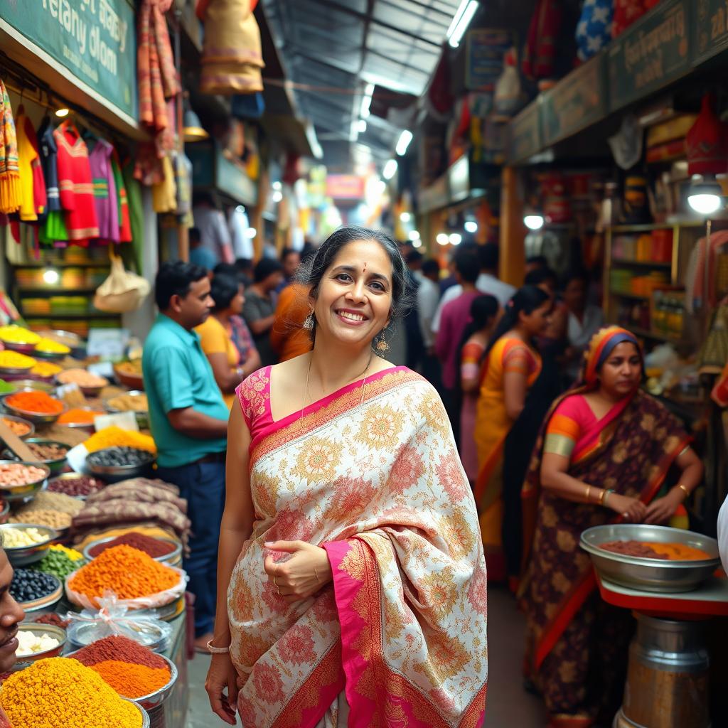 A white woman wearing a beautifully patterned saree, without a blouse, standing amidst a bustling village market filled with people