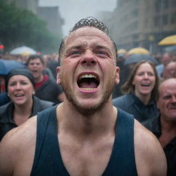 A Cyclops brings a heavy rainstorm, with expressions of joy and relief visible on the faces of the crowd below.