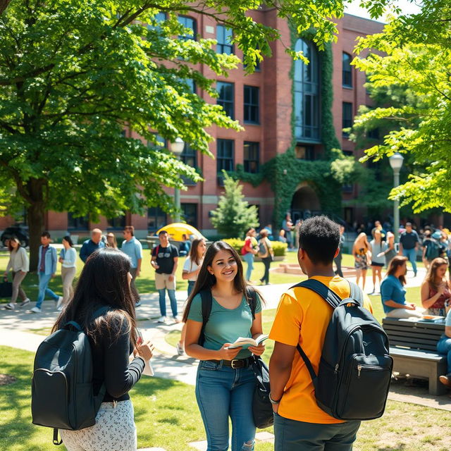 An outdoor scene at a university campus, featuring a vibrant, sunny day