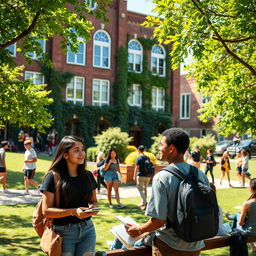 An outdoor scene at a university campus, featuring a vibrant, sunny day