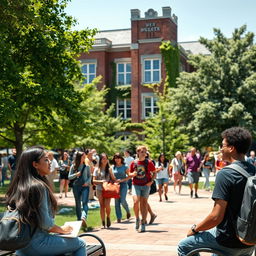 An outdoor scene at a university campus, featuring a vibrant, sunny day