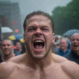 A Cyclops brings a heavy rainstorm, with expressions of joy and relief visible on the faces of the crowd below.