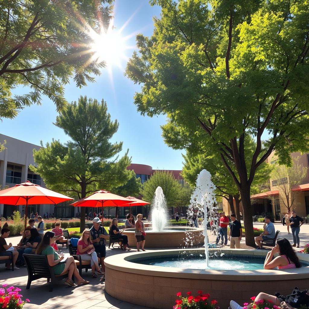 A vibrant outdoor scene at Arizona State University, showcasing students relaxing and socializing in a shaded, cooling area with large green trees and comfortable seating