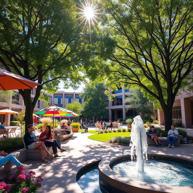 A vibrant outdoor scene at Arizona State University, showcasing students relaxing and socializing in a shaded, cooling area with large green trees and comfortable seating