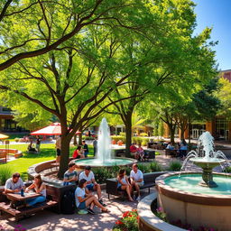 A vibrant outdoor scene at Arizona State University, showcasing students relaxing and socializing in a shaded, cooling area with large green trees and comfortable seating
