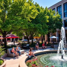 A vibrant outdoor scene at Arizona State University, showcasing students relaxing and socializing in a shaded, cooling area with large green trees and comfortable seating