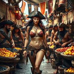 A female pirate dressed in a daring bikini, confidently navigating through a bustling market filled with rugged male pirates