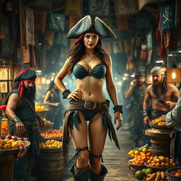 A female pirate dressed in a daring bikini, confidently navigating through a bustling market filled with rugged male pirates