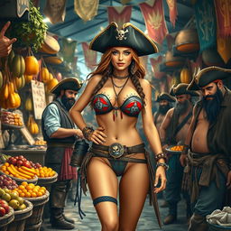 A female pirate dressed in a daring bikini, confidently navigating through a bustling market filled with rugged male pirates