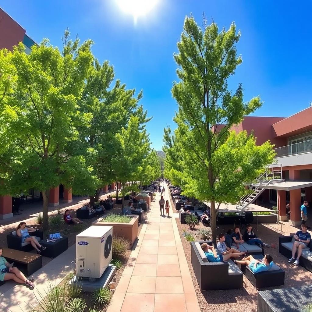 An expansive view of Arizona State University campus, showcasing students enjoying outdoor areas during hot weather