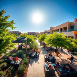 An expansive view of Arizona State University campus, showcasing students enjoying outdoor areas during hot weather