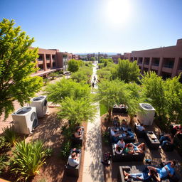 An expansive view of Arizona State University campus, showcasing students enjoying outdoor areas during hot weather