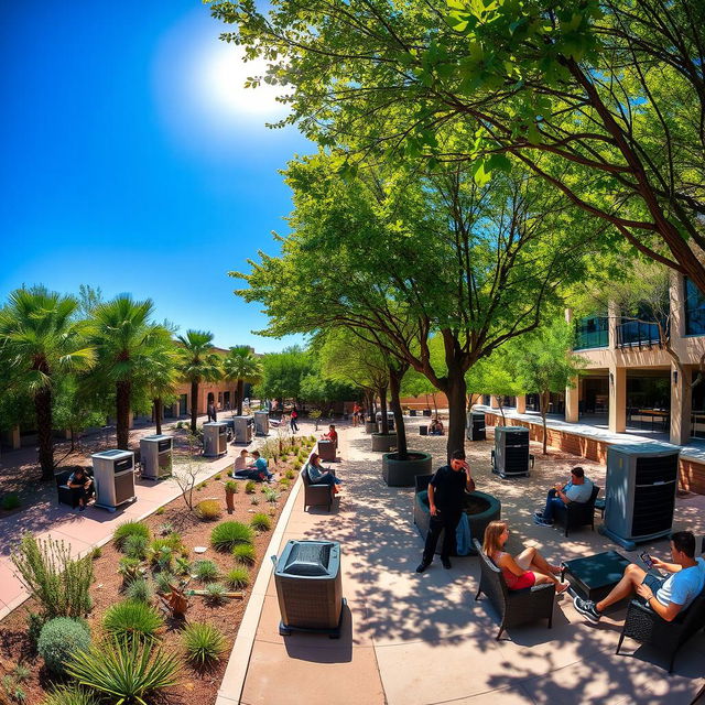 An expansive view of Arizona State University campus, showcasing students enjoying outdoor areas during hot weather